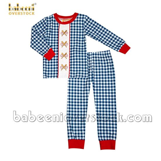 Baseball embroidery navy gingham boy sleepwear set - BB1975